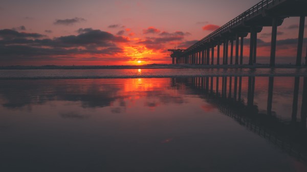 Sea Pier Sunset Sky Wallpaper