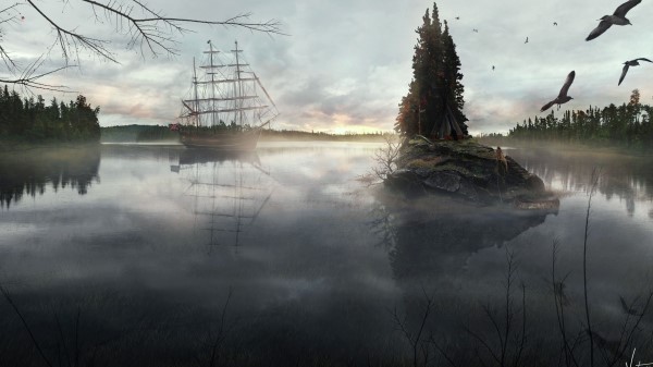 Ship Sea Birds Island Tree Tent Haze Terribly Wallpaper