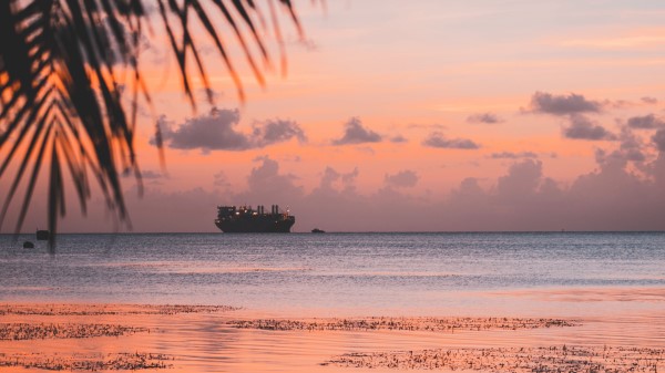 Ship Sea Sunset Shore Wallpaper