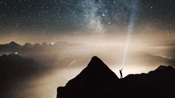 Silhouette Starry Sky Lighting Mountains Wallpaper