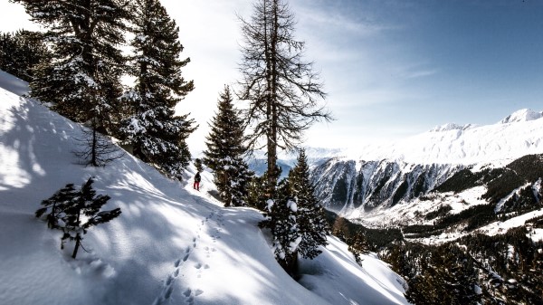 Skier Mountains Snow Traces Wallpaper