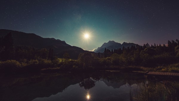 Starry Sky Lake Mountains Wallpaper