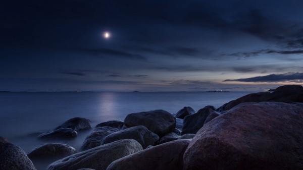 Stones Sea Night Moon Light Wallpaper