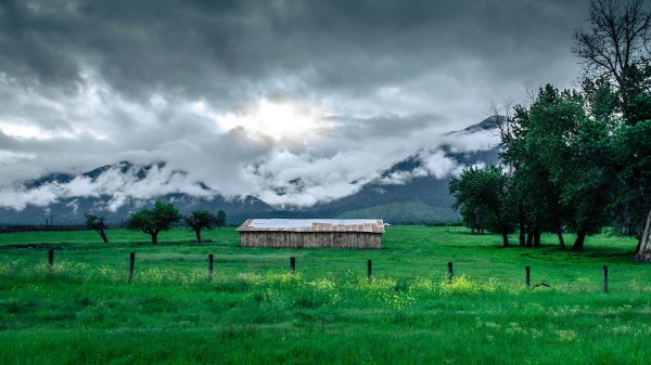 Structure Grass Mountains Fog Wallpaper