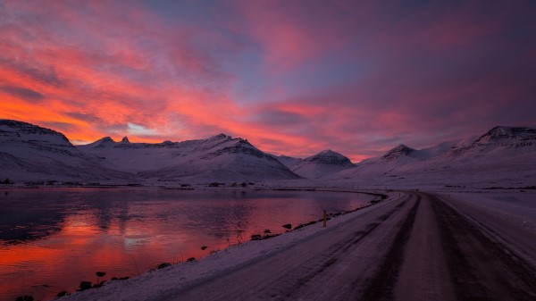 Sunset Beach Snow Mountains Wallpaper