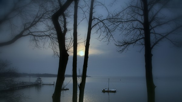 Sunset Lake Mist Landscape Wallpaper