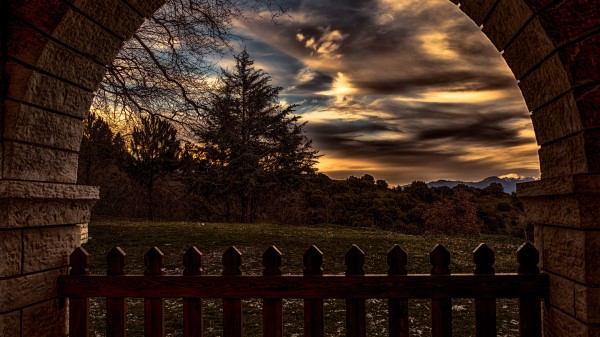 Sunset Trees Fence Arch Wallpaper
