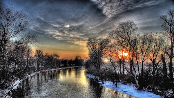 Sunset Winter River Sky Hdr Wallpaper