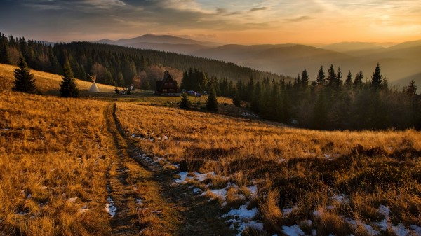 Village Field Poland Mountains Grass Snow wallpaper