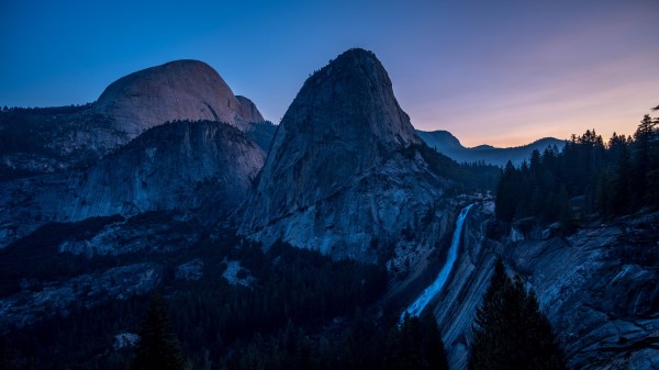 Waterfall Mountains Evening Sky Trees wallpaper