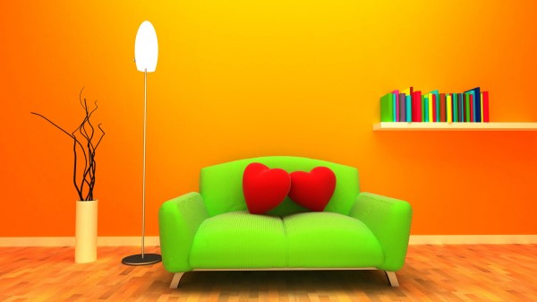 Sofa Heart Room 3d Graphics Orange Background Wallpaper