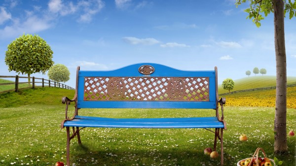 Tale Bench Field Tree Basket Apples Chamomil wallpaper