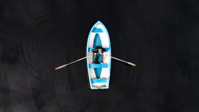 Blue Boat On Mid Air During Daytime Wallpaper