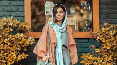 Blue White Long Sleeve Dress Standing Wallpaper