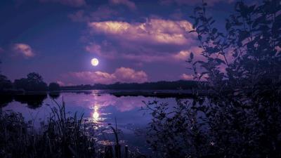 Clouds Sky Moon Lake Trees Wallpaper