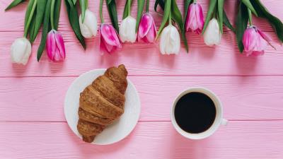 Coffee Croissant Tulips Wallpaper