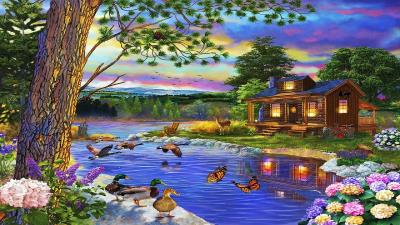 Ducks Artwork Birds Painting Trees Clouds Wallpaper