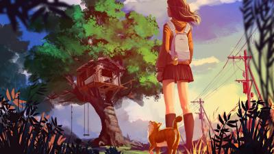 Fantasy Women Tree Cat Hd Wallpaper Wallpaper