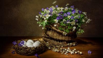 Flowers Spring Basket Eggs Wallpaper