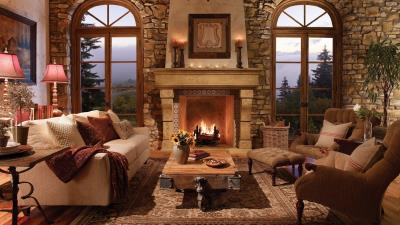 Home Fireplace Room Sofa Wallpaper