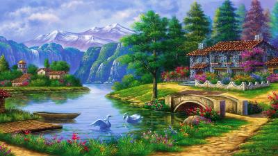 River Mountains Painting House Wallpaper