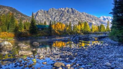 Sky Rocks Lake Trees Landscape Wallpaper