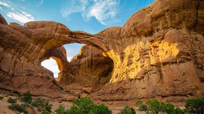 Trees Hills Sunlight Arch Rocks Wallpaper